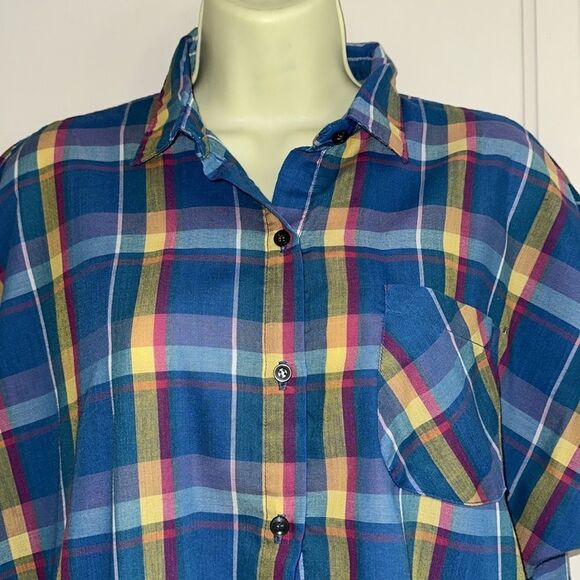Vtg 80s Blue, Yellow, Pink & Lavender Plaid Button-Up Oversize Cap Sleeve Shirt - Picture 2 of 7
